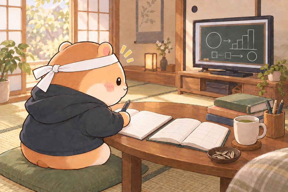 はちまきを巻いてテレビの授業を見ながら勉強するハムスターのナビ助
