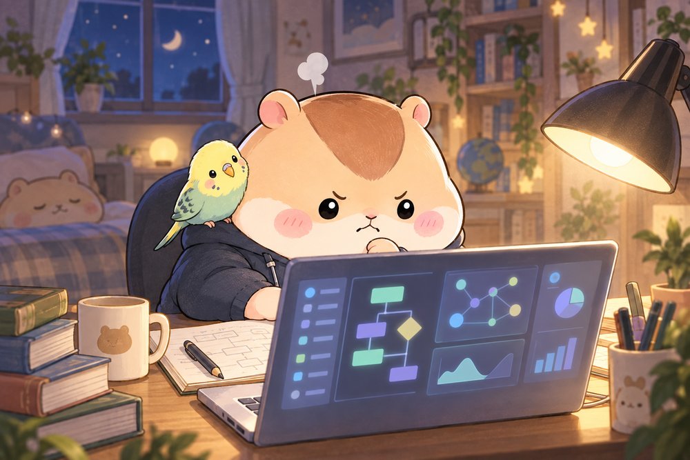 夜にパソコンで情報の勉強をするハムスターのナビ助