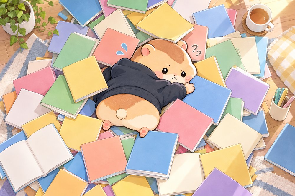 科目案内の冊子の山にうもれて迷うハムスターのナビ助