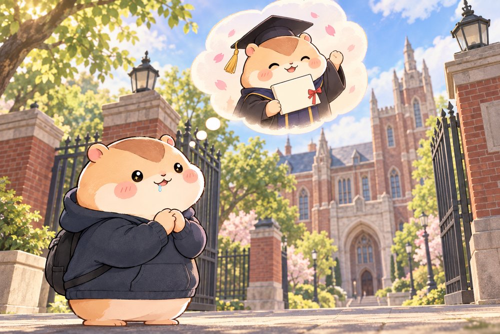 大学の門の前で卒業式を夢見るハムスターのナビ助