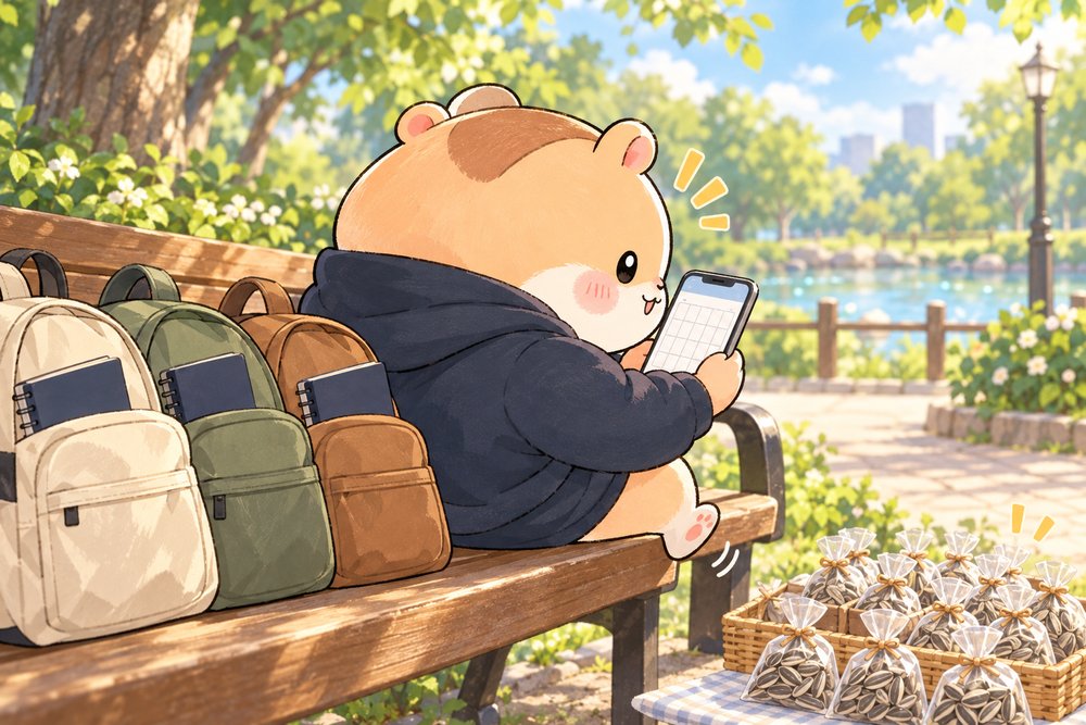 公園のベンチで勉強仲間の集まりを確認するハムスターのナビ助