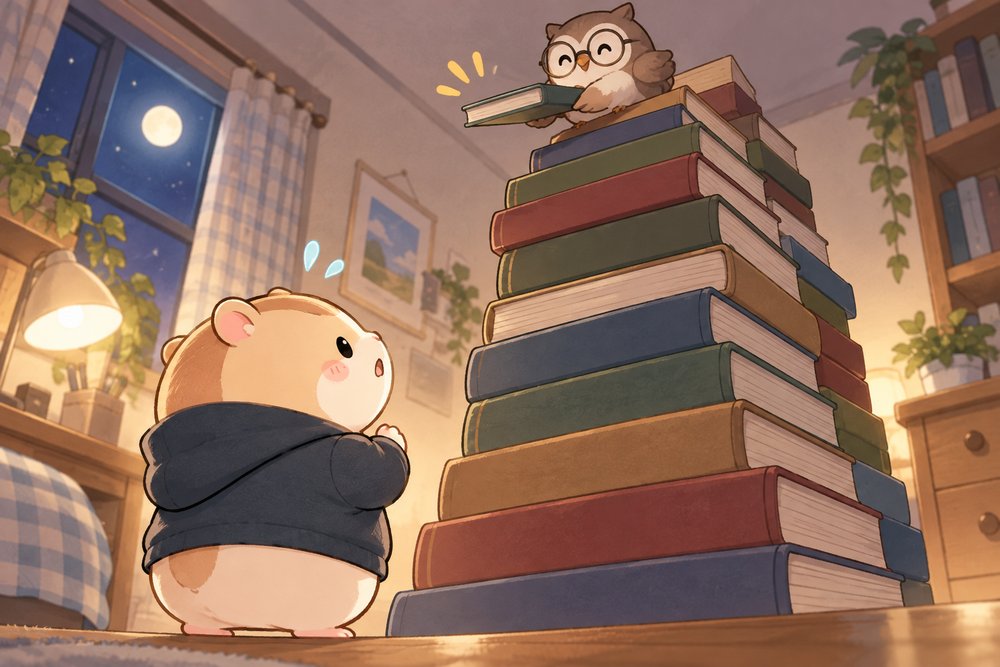 法律の本の山を見上げるハムスターのナビ助