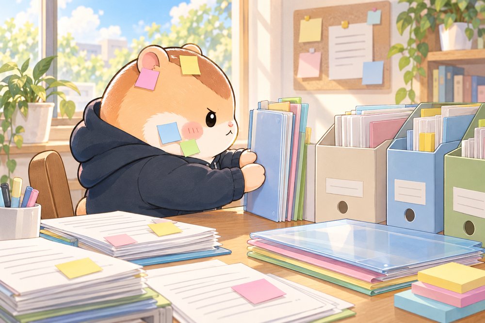 付箋をほっぺにつけたまま書類を整理するハムスターのナビ助