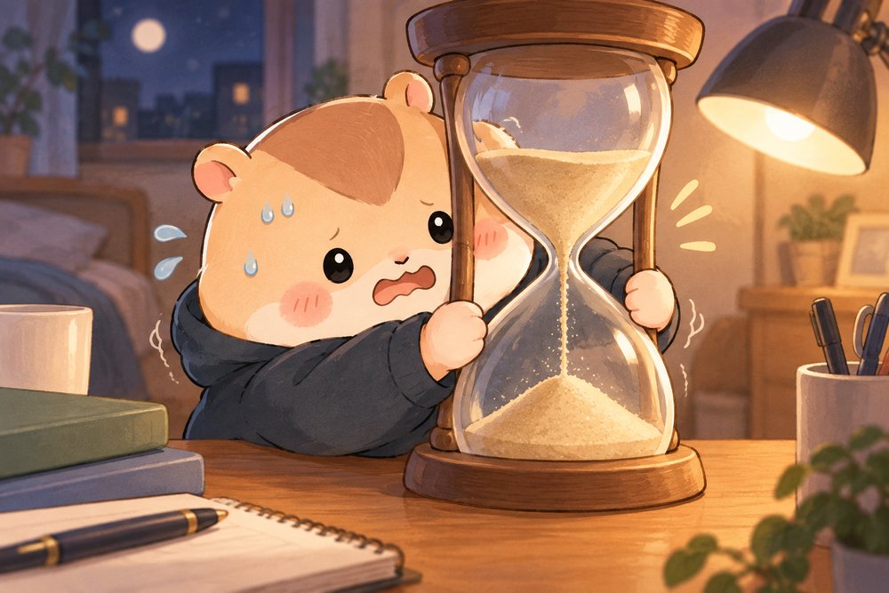 砂時計にしがみついてあせるハムスターのナビ助