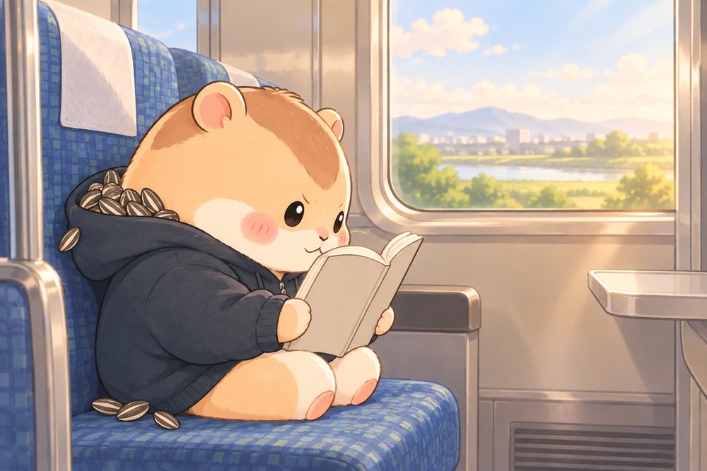電車のすきま時間に教科書を読むハムスターのナビ助
