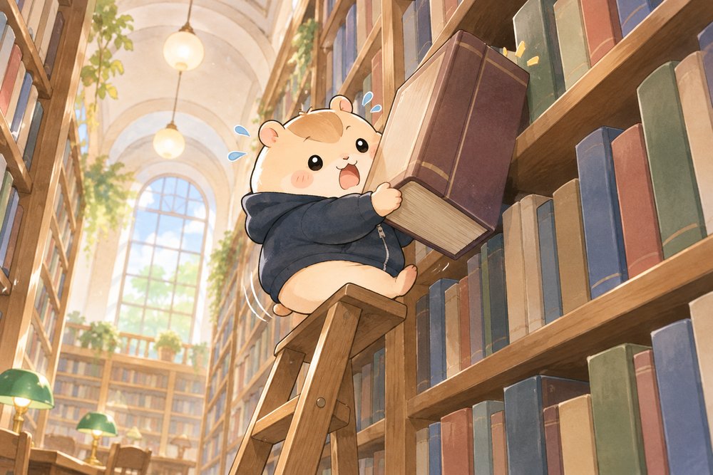 図書館のはしごで分厚い法律の本を引き出してよろけるハムスターのナビ助