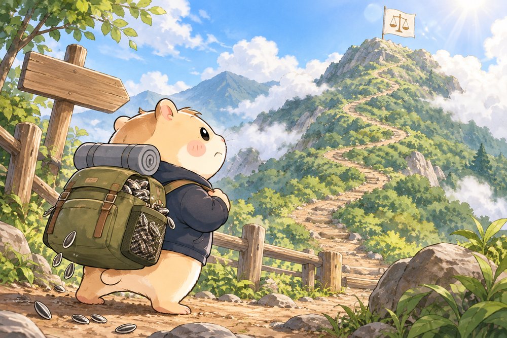 長い山道の先の山頂を見上げるハムスターのナビ助
