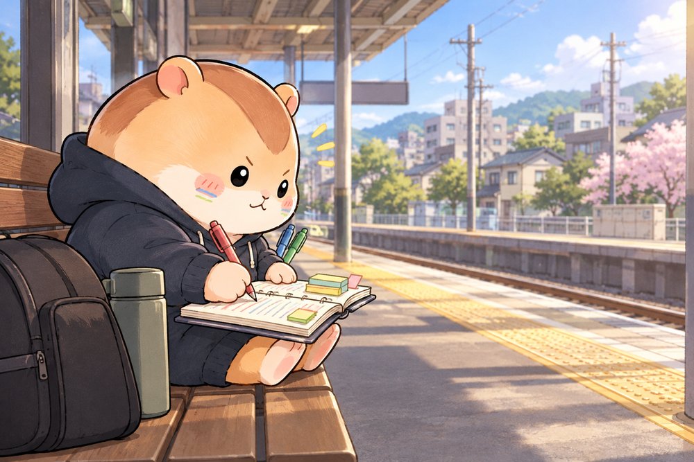 駅のホームで3色ペンを使ってノートをまとめるナビ助