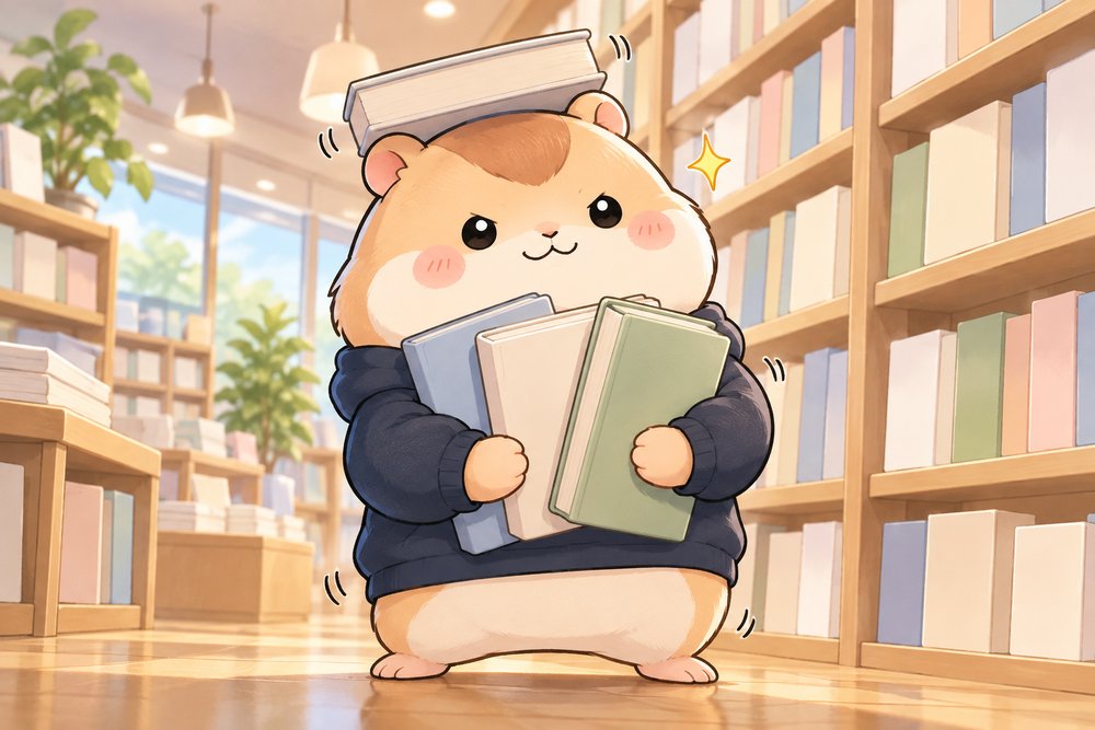 参考書をかかえて頭にも本をのせるハムスターのナビ助
