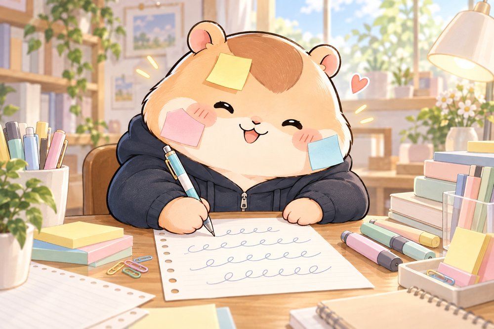 付箋だらけでペンの書き心地を試すハムスターのナビ助