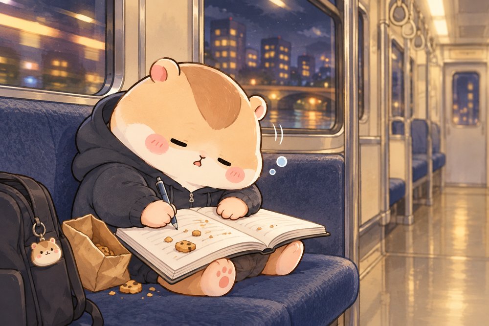 仕事帰りの電車で眠気と戦いながら勉強するハムスターのナビ助