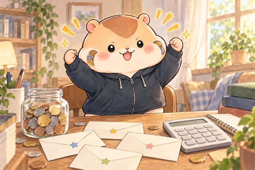 学費のめどが立ってガッツポーズするハムスターのナビ助