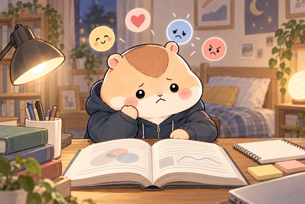 心理学の教科書を読んで気持ちマークをマネするナビ助