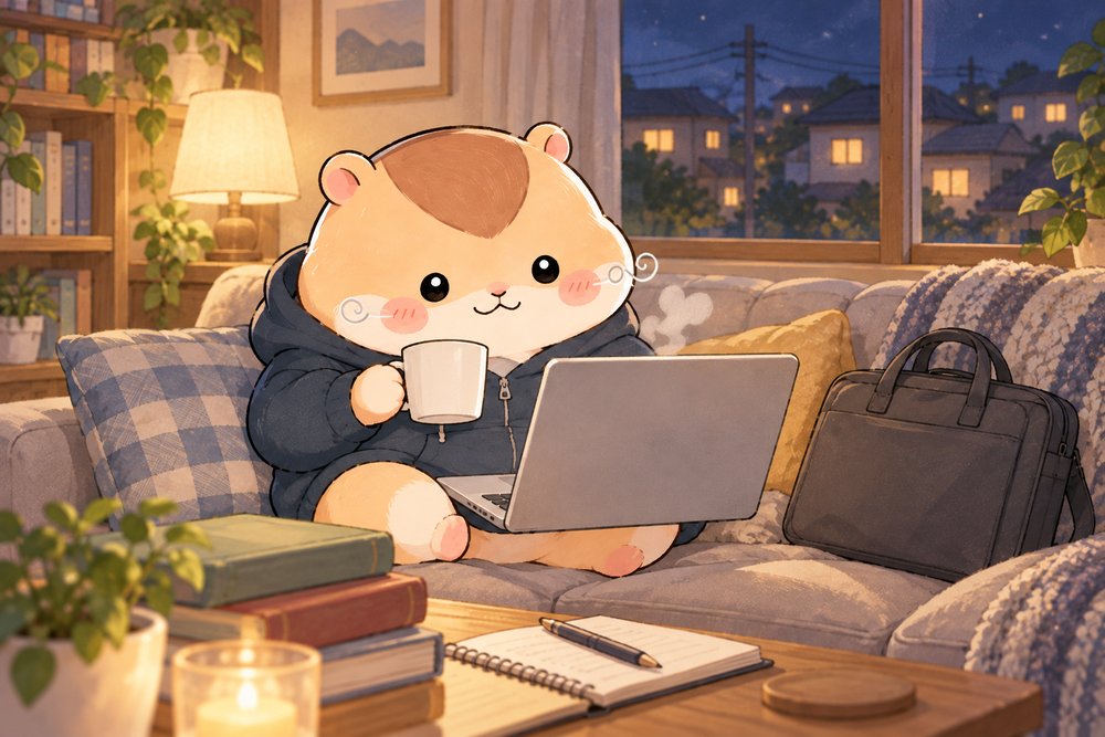 仕事のあとにソファでオンライン授業を受けるナビ助