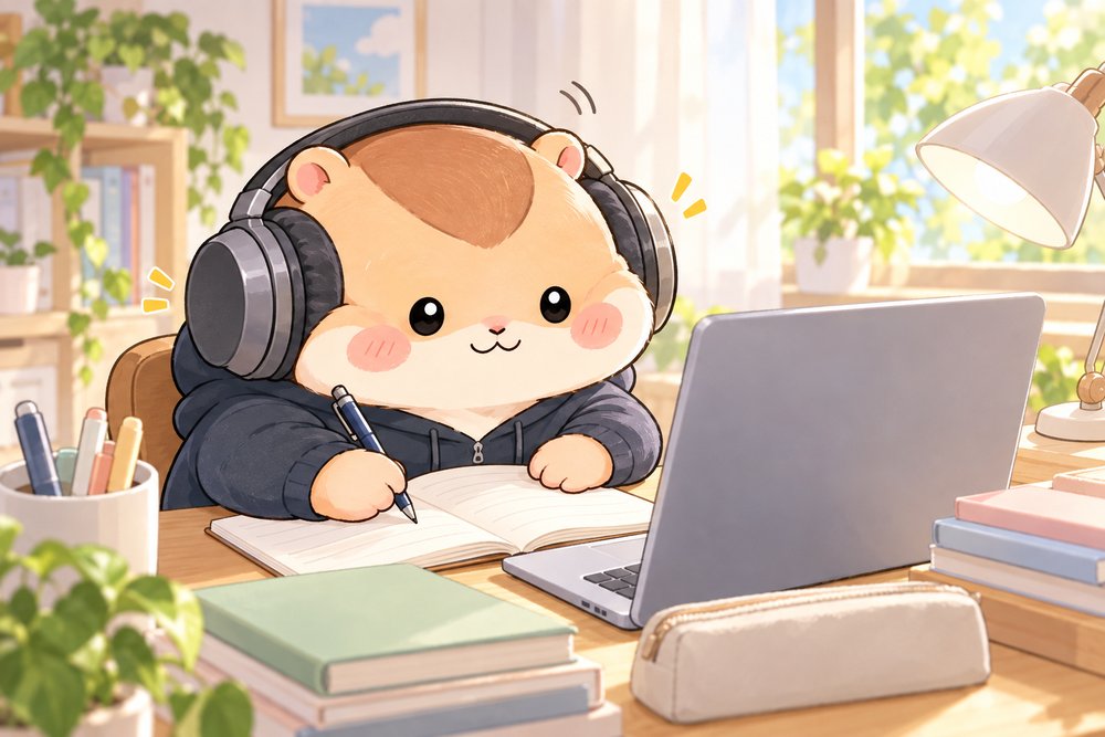 大きなヘッドホンでほっぺがつぶれたまま授業を受けるハムスターのナビ助