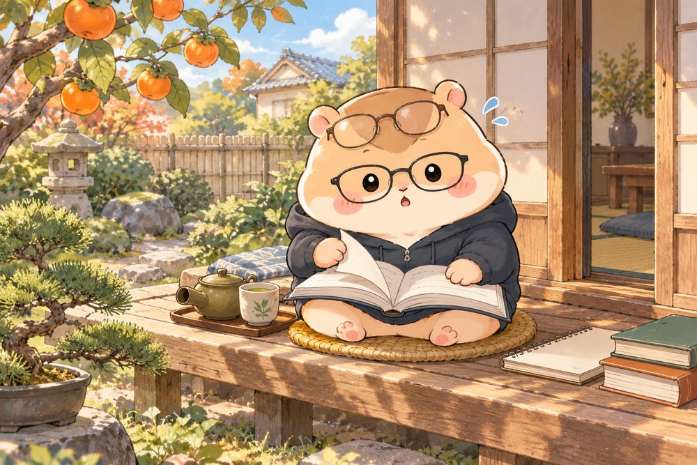 縁側でお茶を飲みながら勉強するナビ助
