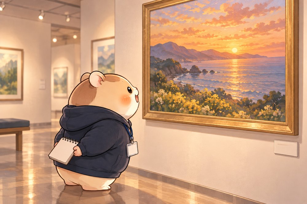 学生証を下げて美術館で絵を鑑賞するナビ助