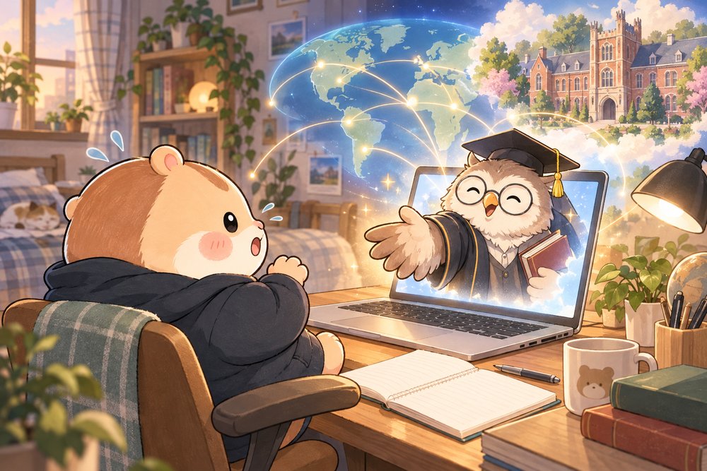 パソコンで海外の大学とつながってびっくりするハムスターのナビ助