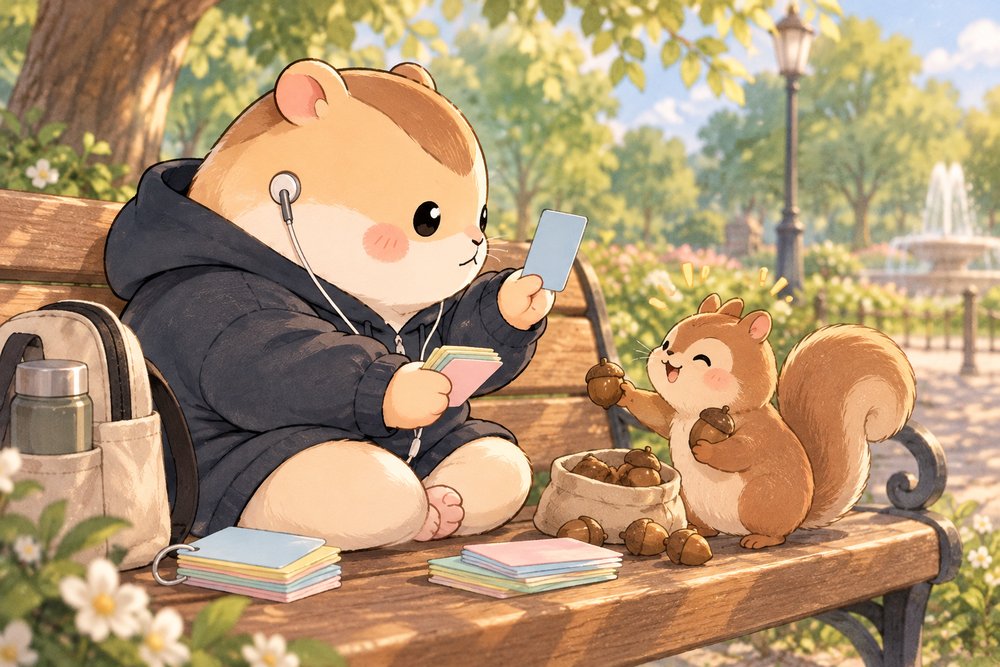 公園で英語の単語カードを覚えるハムスターのナビ助