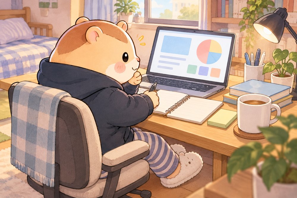 家でパジャマのズボンのままオンライン授業を受けるハムスターのナビ助